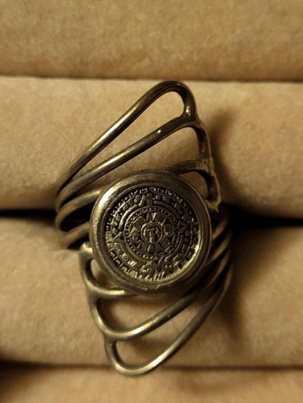 Vintage Mexican Silver Aztec Calendar Statement Ring